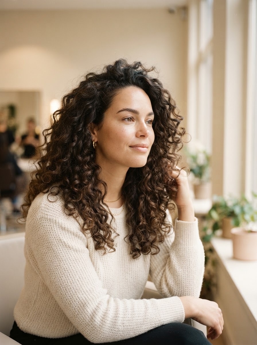 Klant met gedefinieerde krullen bij het raam van de salon
