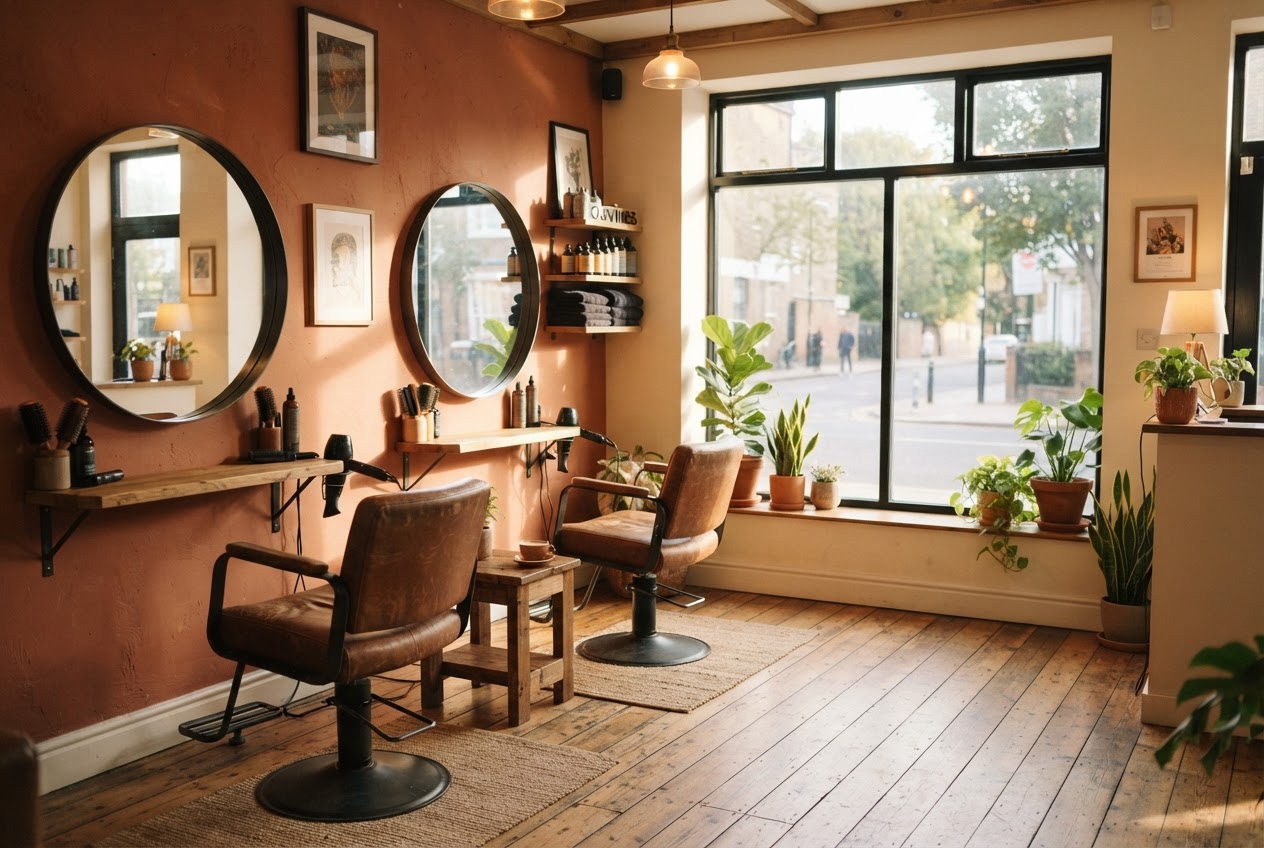 Binnen in de salon: stoelen, spiegels en planten