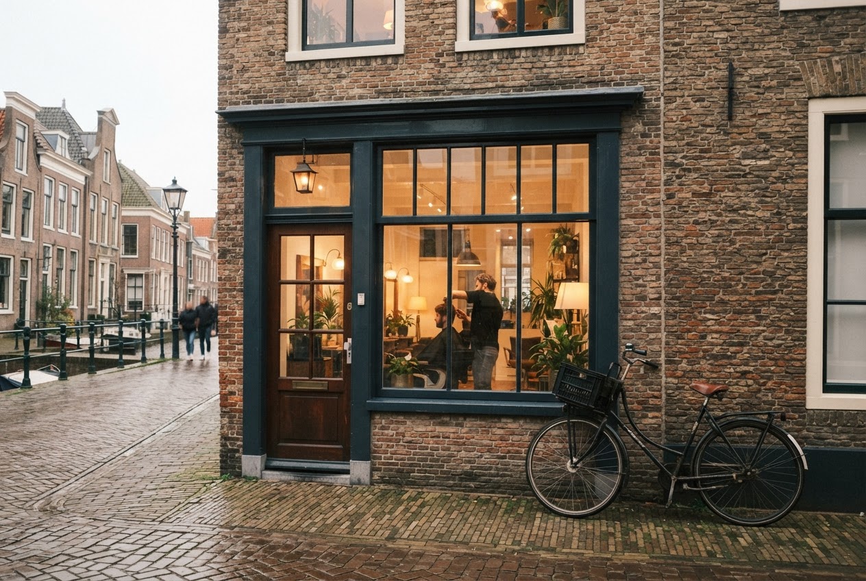 De salon aan de Edisonstraat 249 in Leiden, gezien vanaf de straat